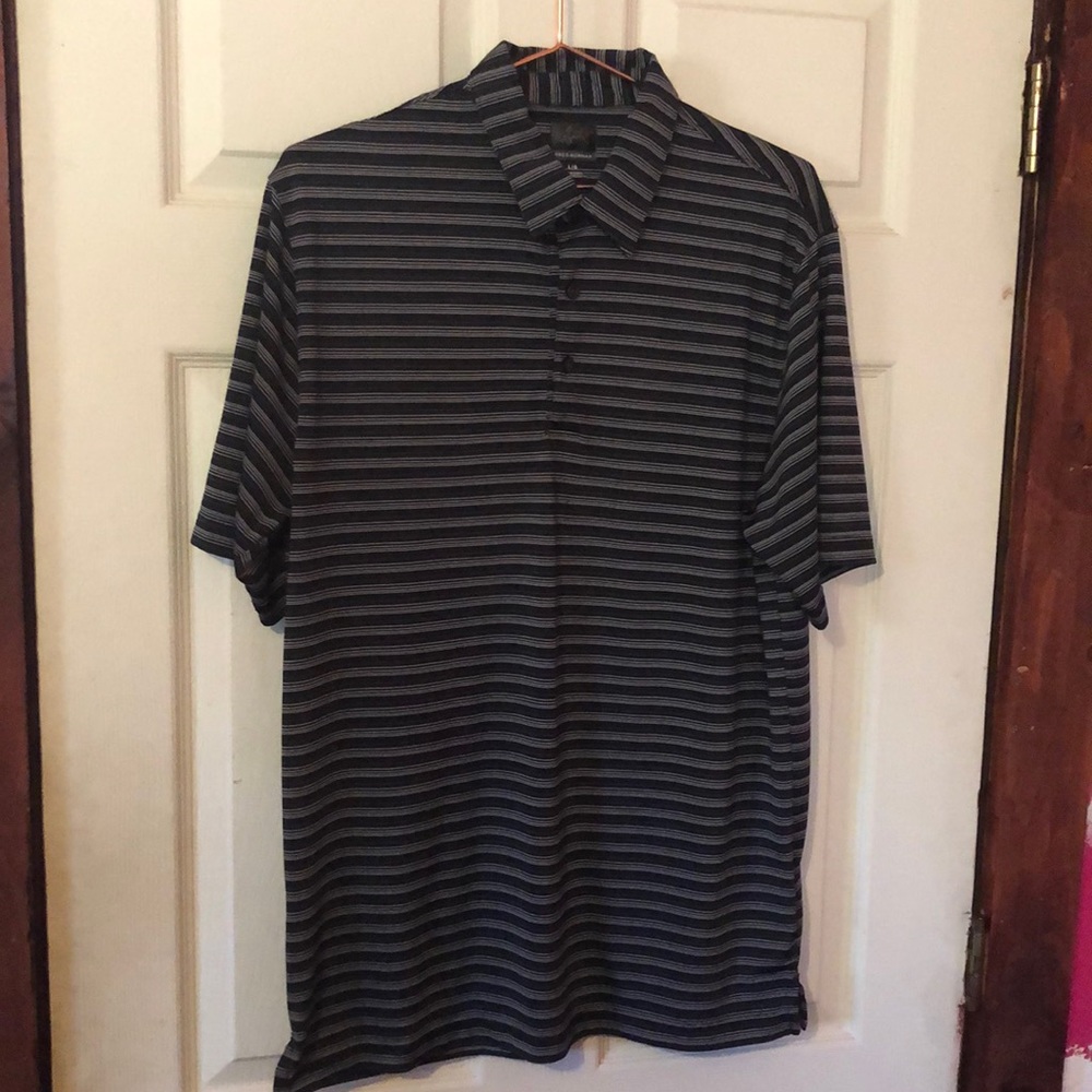 Greg Norman Black White & Teal Striped Jersey Knit Golf Polo Mens Large L
